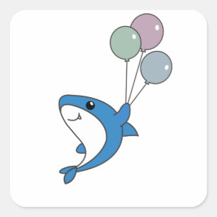 Pegatina Cuadrada Hai Fish Flies With Balloons Sweet Animals Shark