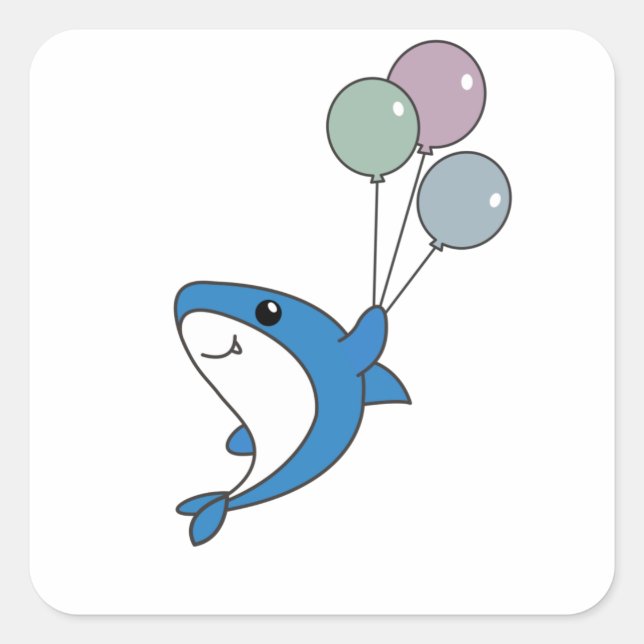 Pegatina Cuadrada Hai Fish Flies With Balloons Sweet Animals Shark (Anverso)