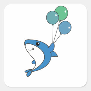 Pegatina Cuadrada Hai Fish Flies With Balloons Sweet Animals Shark
