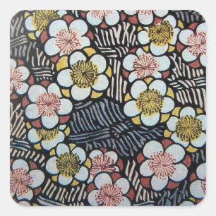 PEGATINA CUADRADA HAIKU/ NEGRO BLANCO ROSA AMARILLO FLORES DE PRIMAV