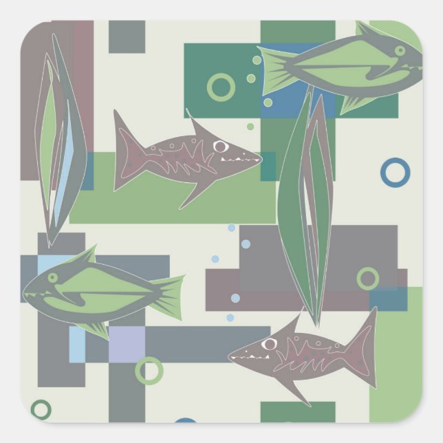 Pegatina Cuadrada Hakki ornamento con peces. (Anverso)
