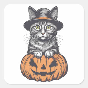 Pegatina Cuadrada Halloween 4 gatitos, jack-o-lantern, regalo, gatit