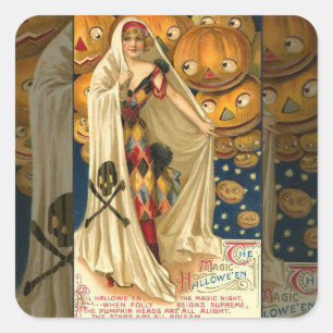 Pegatina Cuadrada Halloween antiguo Jack O Lantern Costume mujer