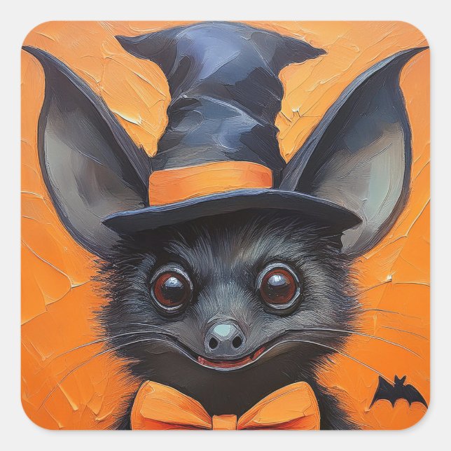Pegatina Cuadrada Halloween Bat in Witch Hat (Anverso)