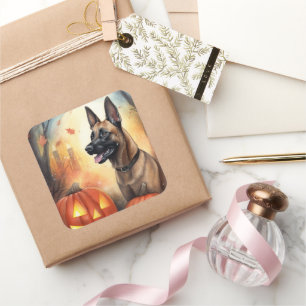 Pegatina Cuadrada Halloween Belga Malinoi Con Calabazas Espeluznante