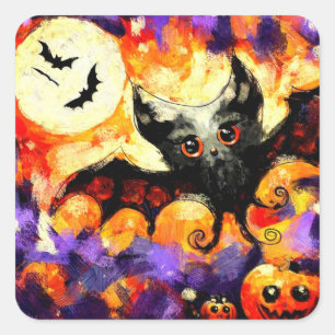 Pegatina Cuadrada Halloween Big Eye Bat Moon Jack-o-Lantern Bats