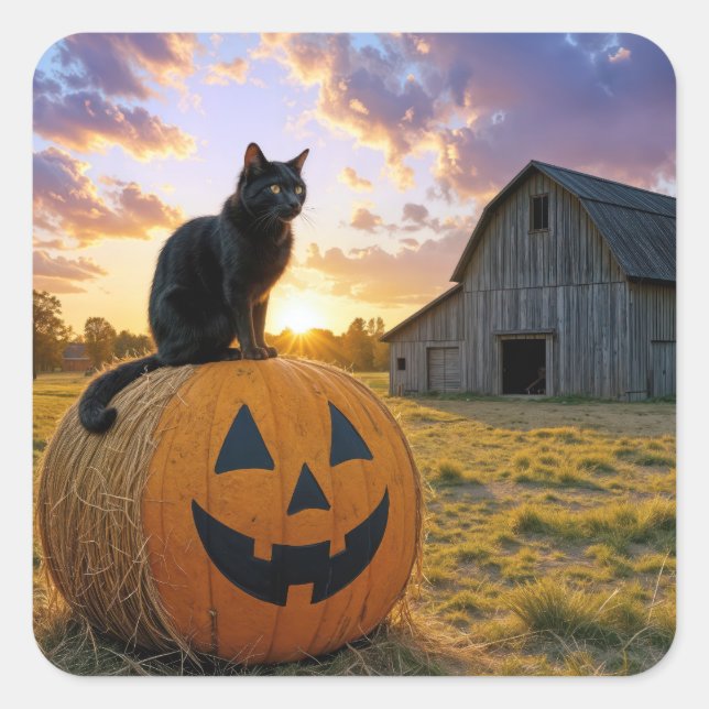 Pegatina Cuadrada Halloween Black Cat On Pumpkin Hay Bale (Anverso)