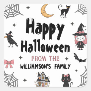 Pegatina Cuadrada Halloween Black Cat raven Crow Personalizado Nombr