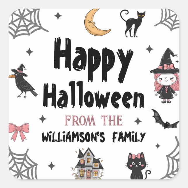 Pegatina Cuadrada Halloween Black Cat raven Crow Personalizado Nombr (Anverso)