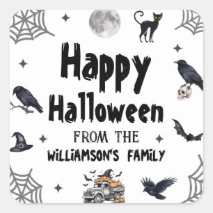 Pegatina Cuadrada Halloween Black Cat raven Crow Personalizado Nombr
