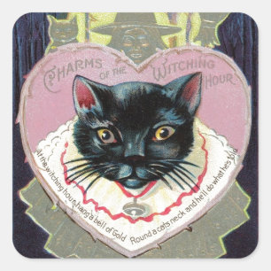 Pegatina Cuadrada Halloween Black Cat Witch Charm Spell Vintage