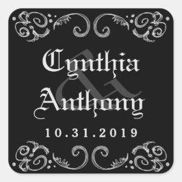 Pegatina Cuadrada Halloween Black White Gótica Names & Boda Date