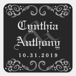 Pegatina Cuadrada Halloween Black White Gótica Names & Boda Date