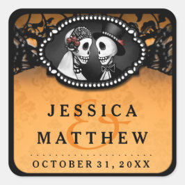 Pegatina Cuadrada Halloween Boda Naranja Black Skeletons Gracias