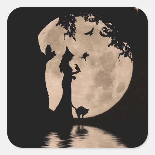 Pegatina Cuadrada Halloween Bonito Bruja y familia Lechuza Gato Rave (Anverso)
