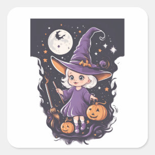 Pegatina Cuadrada Halloween, bruja 4 bebé, bruja linda, vacaciones d