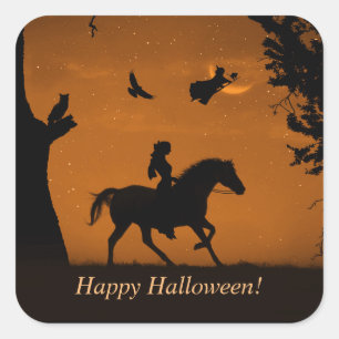 Pegatina Cuadrada Halloween Bruja Caballo y Jinete Cute Spooky