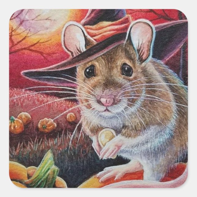 Pegatina Cuadrada Halloween Bruja Calabaza de ratón Seda Watercolor  (Anverso)