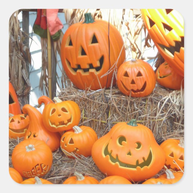 Pegatina Cuadrada Halloween calabazas de calabazas de naranja de lin (Anverso)