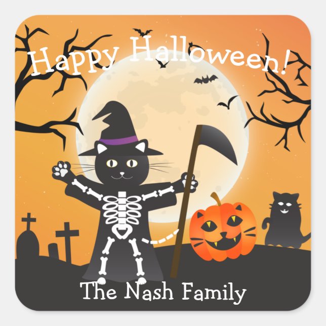 Pegatina Cuadrada Halloween Cat Grim Reaper (Anverso)