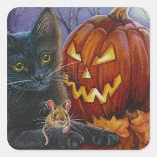 Pegatina Cuadrada Halloween Cat y Mouse No. 2 Watercolor Art