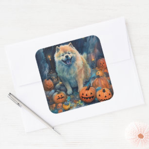 Pegatina Cuadrada Halloween Chow Chow Con Calabazas Asustadas