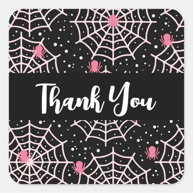 Pegatina Cuadrada Halloween Cobwebs & Spiders Pattern Gracias (Anverso)