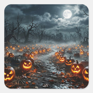 Pegatina Cuadrada Halloween con árboles espeluznantes y Jack O Lante