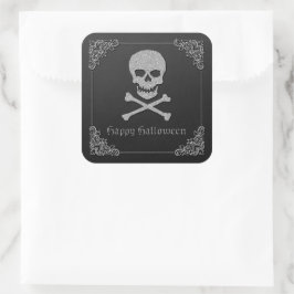 Pegatina Cuadrada Halloween con calaveras plateadas y cruces
