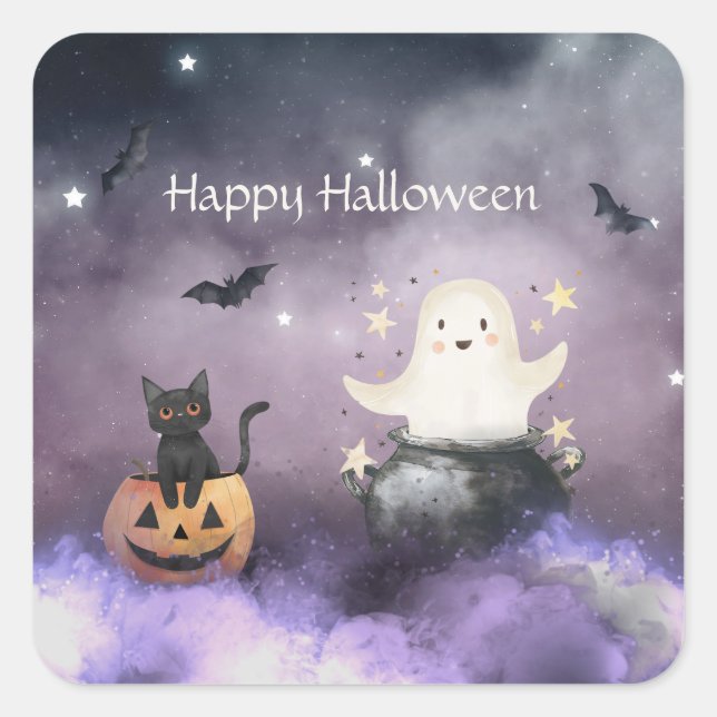 Pegatina Cuadrada Halloween con gatos y fantasmas (Anverso)