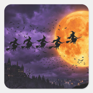 Pegatina Cuadrada Halloween con Luna y Bruja