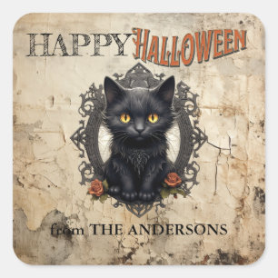 Pegatina Cuadrada Halloween con papel antiguo de un gato negro vinta