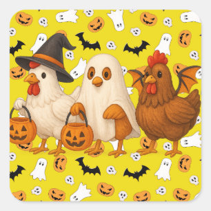 Pegatina Cuadrada Halloween con trucos y trucos de pollo