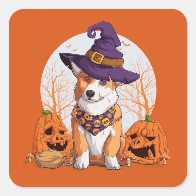 Pegatina Cuadrada Halloween Corgi (Anverso)