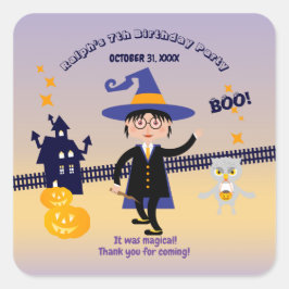 Pegatina Cuadrada Halloween Costume Boy Wizard Fiesta de cumpleaños