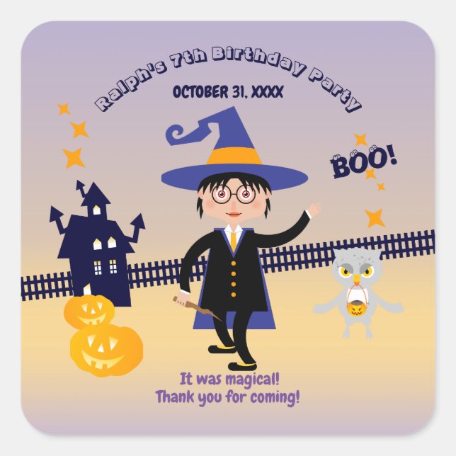 Pegatina Cuadrada Halloween Costume Boy Wizard Fiesta de cumpleaños (Anverso)