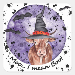Pegatina Cuadrada Halloween Cow Moo me refiero a Boo Funny