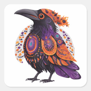 Pegatina Cuadrada Halloween Crow Alebrije