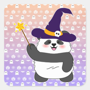 Pegatina Cuadrada Halloween Curte Baby Panda Witch Magic Wand