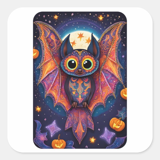 Pegatina Cuadrada Halloween Cute Bat Alebrije (Anverso)