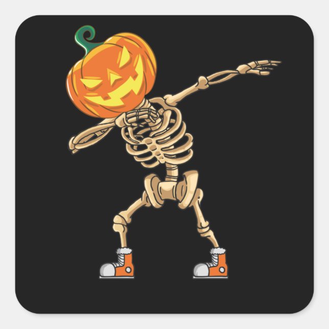 Pegatina Cuadrada Halloween Dabbing Skeleton Cabeza de calabaza Danc (Anverso)