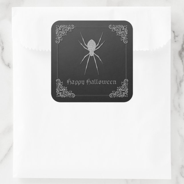 Pegatina Cuadrada Halloween de araña plateada (Bolso)