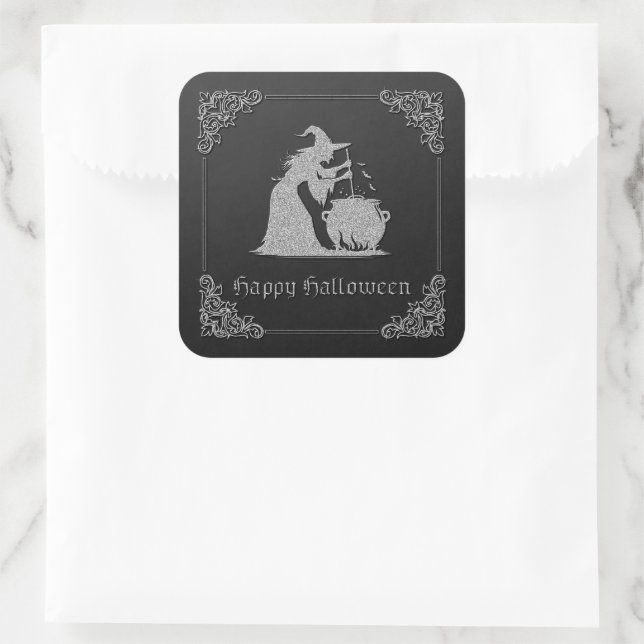 Pegatina Cuadrada Halloween de Brujas y Calderones Plateados (Bolso)