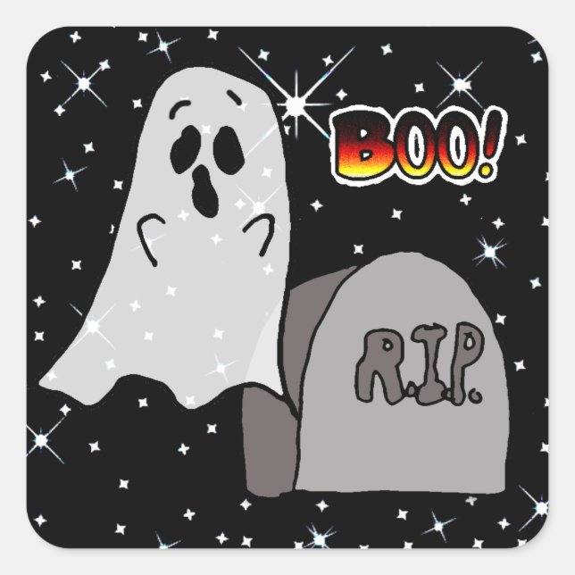 Pegatina Cuadrada Halloween de Fantasma y Boo Tombstone (Anverso)