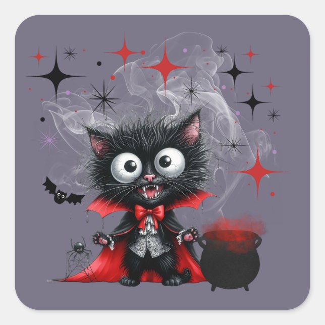 Pegatina Cuadrada Halloween de gatito negro retro lindo (Anverso)