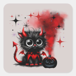 Pegatina Cuadrada Halloween de gatitos rojos-negros de ojos ancho