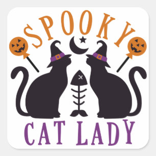 Pegatina Cuadrada Halloween de gatos espeluznantes de la dama negra