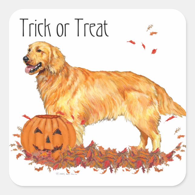 Pegatina Cuadrada Halloween de Golden Retriever (Anverso)