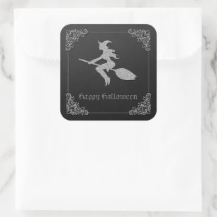 Pegatina Cuadrada Halloween de la Bruja Voladora de Plata