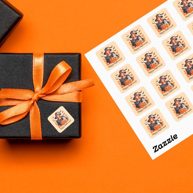 Pegatina Cuadrada Halloween de los gatos salvajes y calabazas (Subido por el creador)